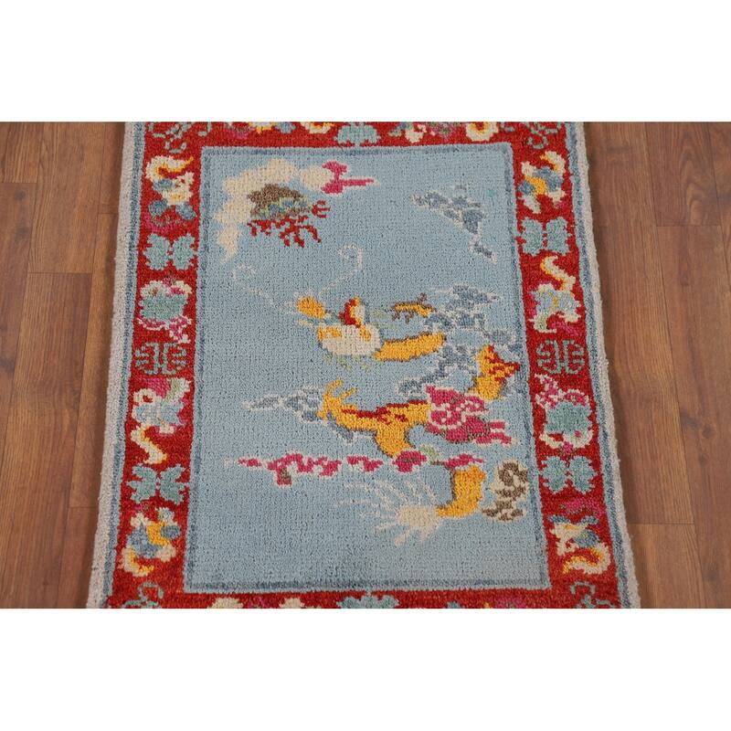 Hand Knotted Oriental 100% Wool Carpet Traditional Bordered Navy Blue & Blues Art Deco Area Rug - 3' 0'' X 2' 0''