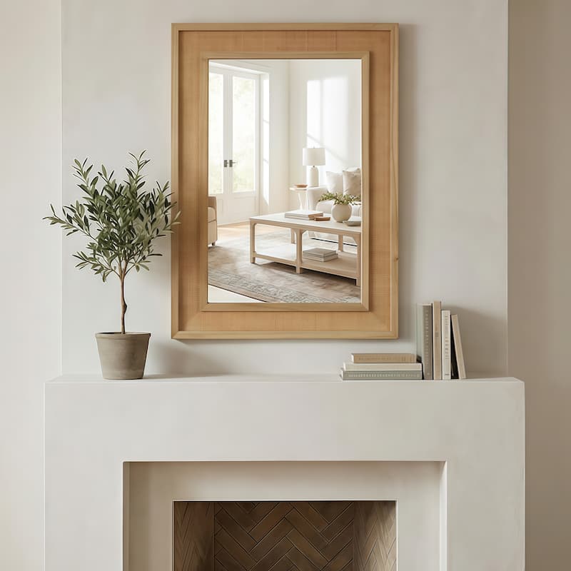 20"x30" Rattan Rectangle Solid Wood Frame Decorative Mirror,For Farmhouse,Bathroom,Home Decor,Entryway