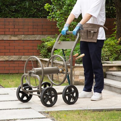 Glitzhome 36"H Steel Garden 4-Wheel Reel Cart with Hose