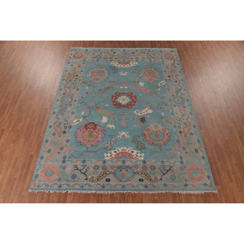 Light Blue Floral Oushak Oriental Area Rug Hand-Knotted Wool Carpet - 8'11" x 11'8"