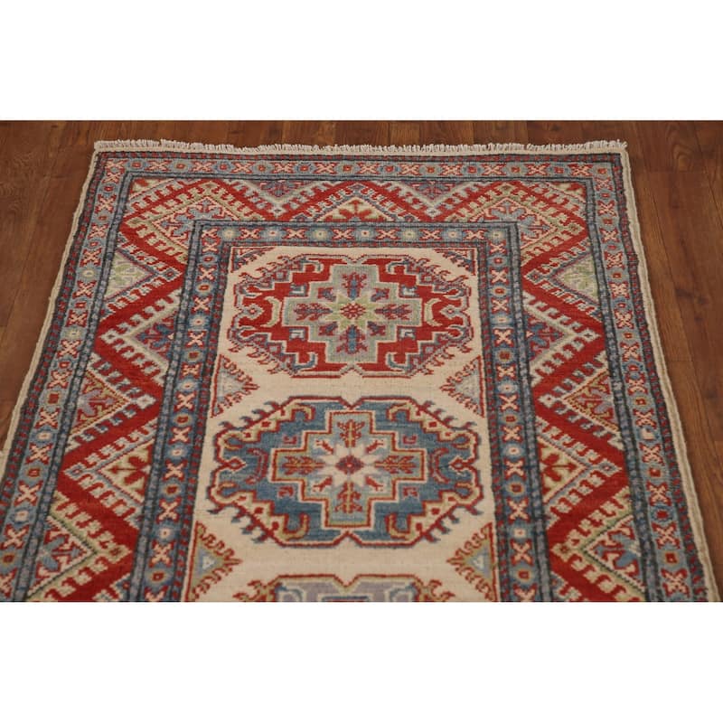 Geometric Kazak Runner Rug Handmade Beige Oriental Wool Carpet - 2'7" x 15'5"