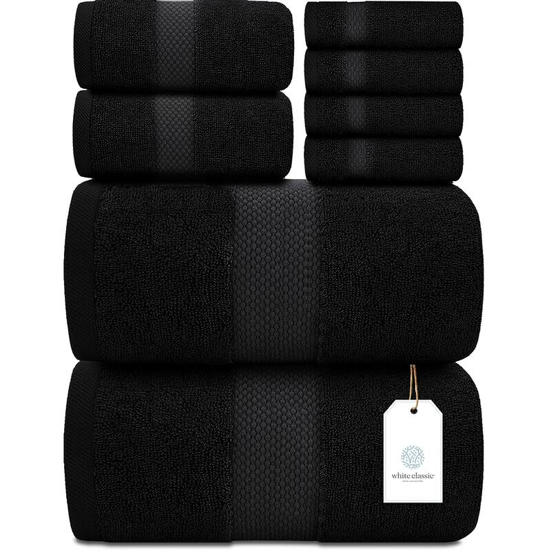 White Classic Luxury Cotton 8Pc Multi Size Towel Set [2 Bath Towels, 2 Hand Towels, 4 Washcloths] - Black