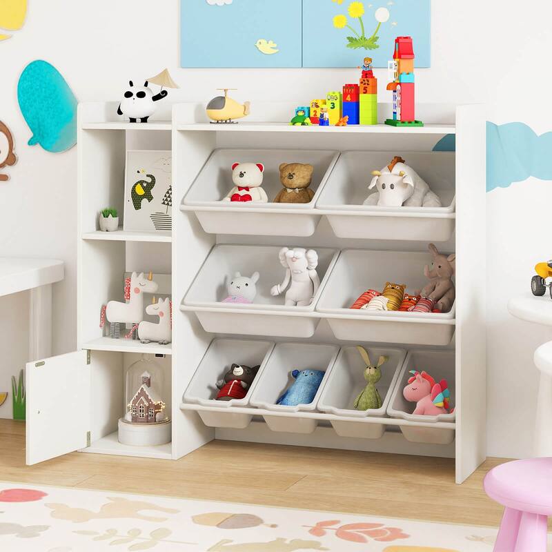 Costway Kids Toy Storage and Bookshelf, Wooden Bookcase with 4 Small - See Details