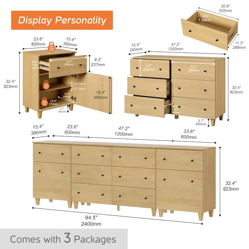 3-in-1 TV Stand Cabinets with Doors and Drawers for 100 Inches TVs