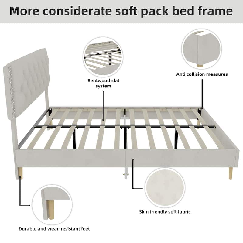 Beige Full Size Platform Bed Frame with Upholstered Headboard