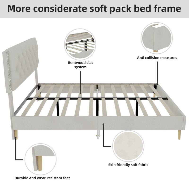 Beige Queen Size Platform Bed Frame with Upholstered Headboard