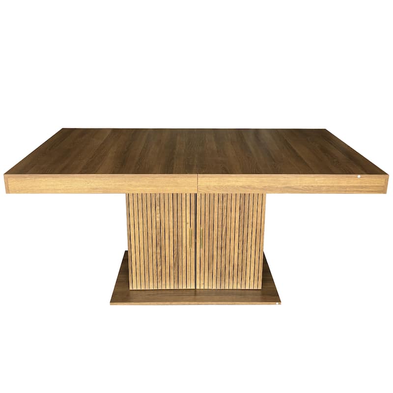 Extendable Cabinet Dining Table with Storage, Wood Kitchen Table with Striped Cabinet, Waterproof Coffee Table