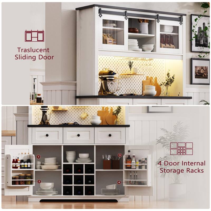 Coffee Bar Cabinet with Power Outlet, Large Kitchen Buffet Cabinet, Sideboard with Sliding Door, Wine Rack & 3 Drawers