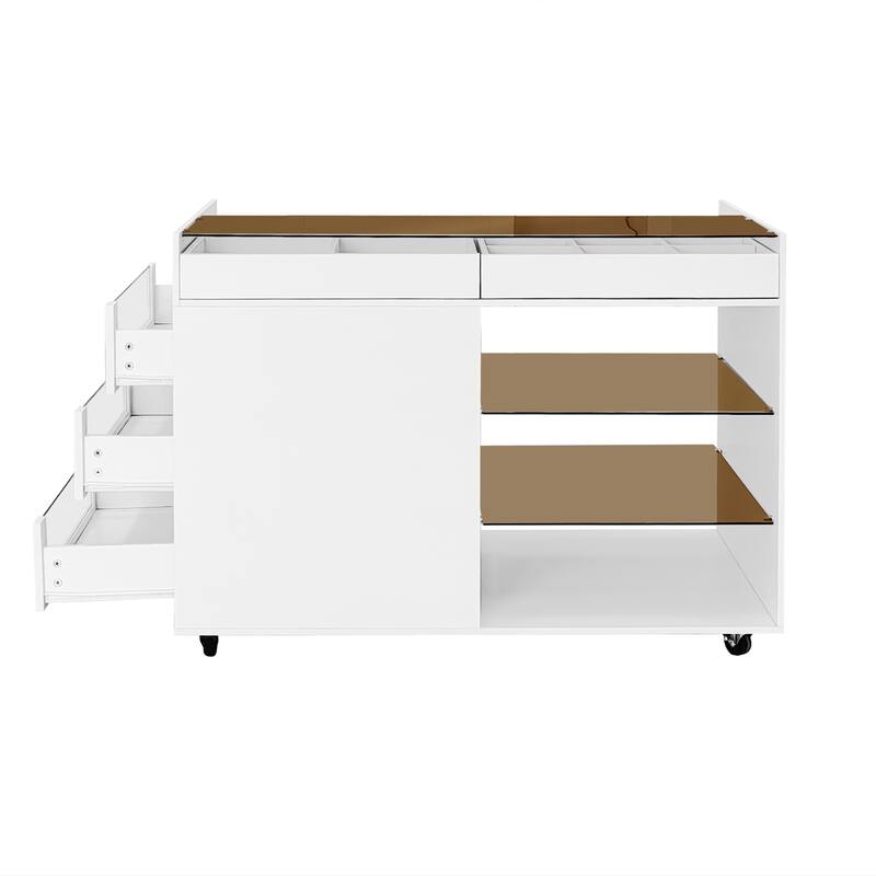Roomfitters Multi-Functional Storage Island Vanity Console with Glass Display Shelves and Reversible Top, White