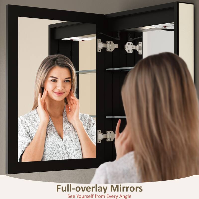 Grand Aluminum Medicine Cabinet with Mirror, Adjustable Shelves, Dimmable Light, Anti-Fog, Recessed or Wall Mount