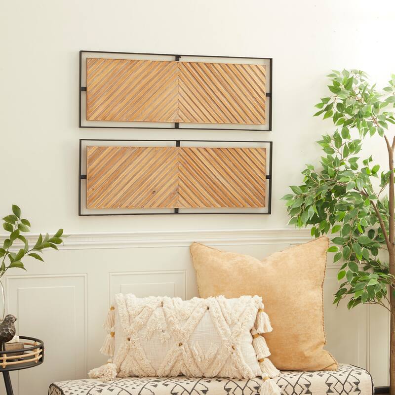 Brown Wooden Handmade Linear Carved Geometric Home Wall Decor with Black Frame (Set of 2) - Brown