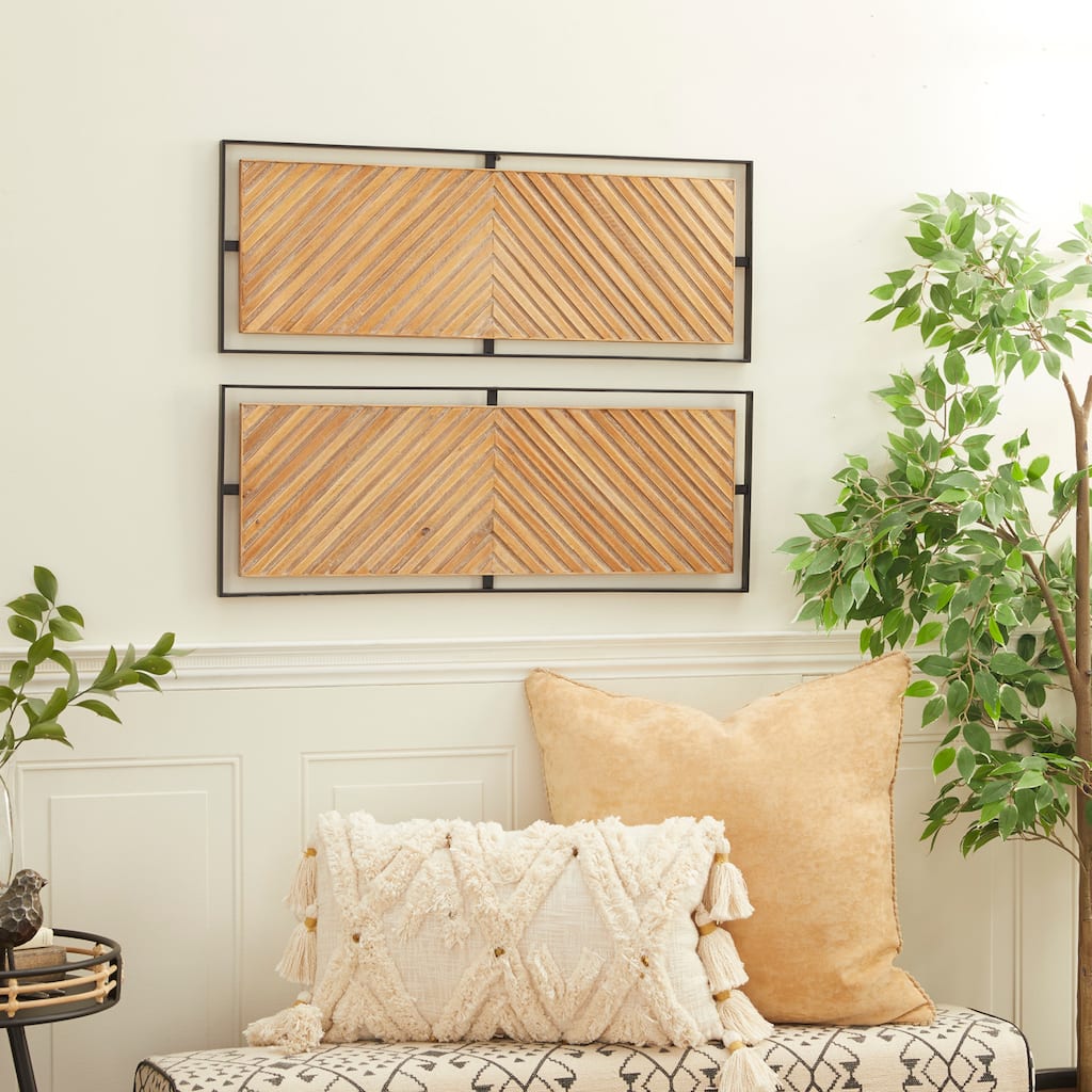 Brown Wooden Handmade Linear Carved Geometric Home Wall Decor with Black Frame (Set of 2)