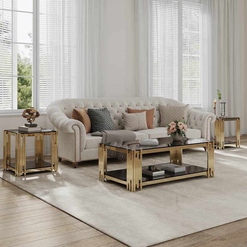 20" Wide Square End Table with Black Glass Top, Golden Stainless Steel Tempered Glass End Table for Living Room&Bed Room