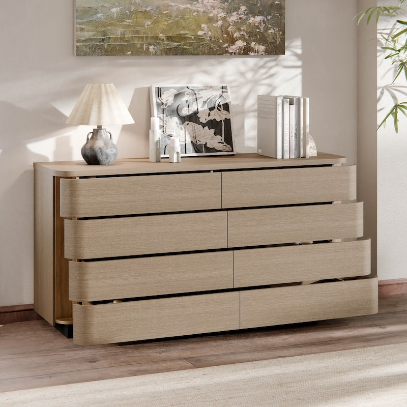Oak 8-Drawer Dresser Buffet for Bedroom Wide Chest of Drawers with Anti-Tip Safety, Waterproof Top