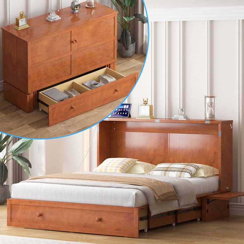 Mixoy Murphy Bed with Mattress,Cube Foldable Cabinet Bed with Charging Station - Cherry - Queen