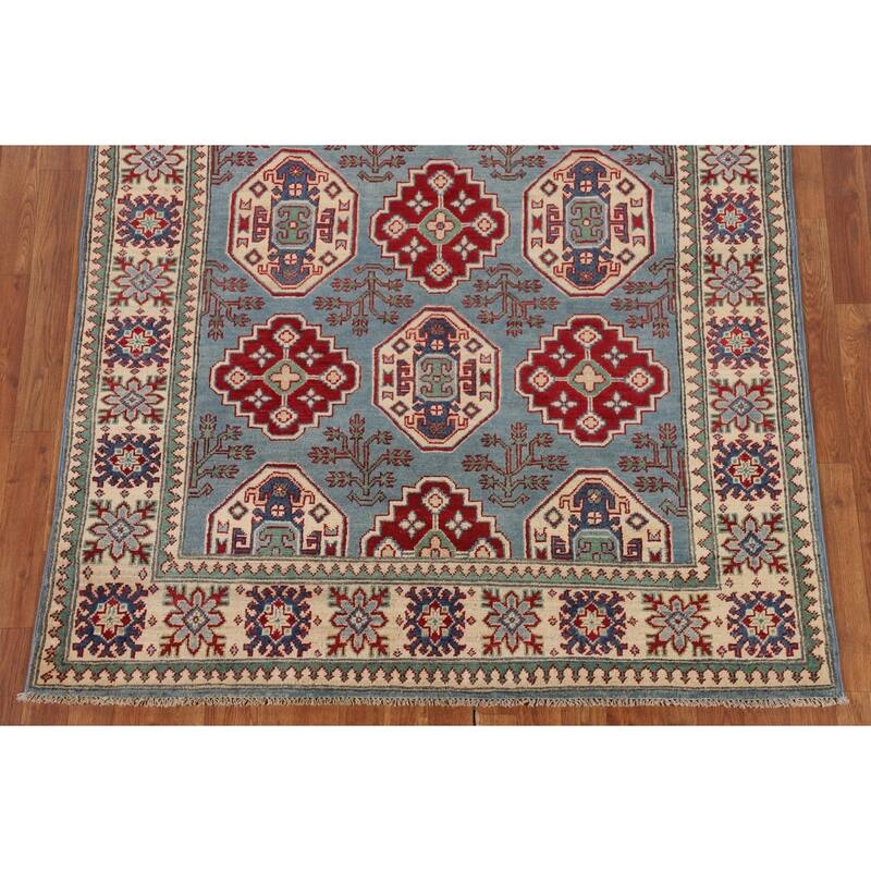 Light Blue Geometric Kazak Rug Hand-Knotted Oriental Wool Carpet - 4'11" x 6'8"
