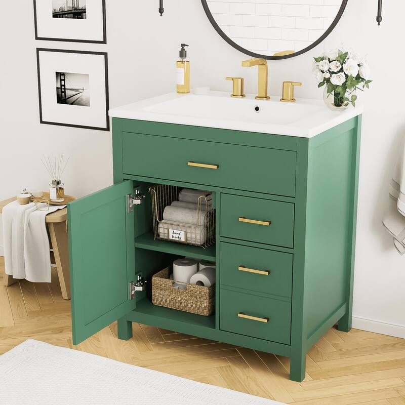 Modern 30-Inch Bathroom Vanity with Undermount Ceramic Sink, Solid Wood Frame, Adjustable Shelf & Storage Drawers