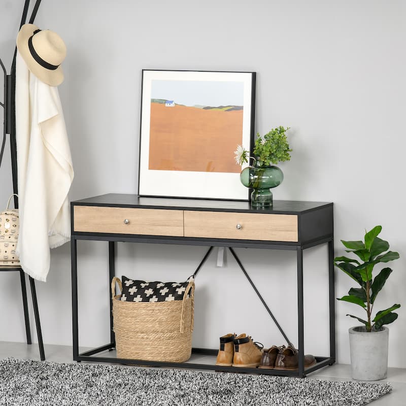 HOMCOM Console Sofa Table with 2 Drawers Narrow V Shape designed Entryway Table with Metal Frame for Hallway Living Room - Black, Natural