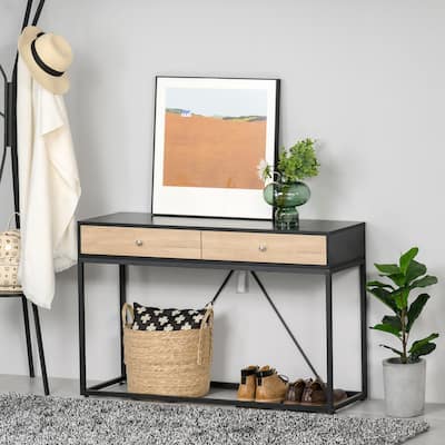 HOMCOM Console Sofa Table with 2 Drawers Narrow V Shape designed Entryway Table with Metal Frame for Hallway Living Room