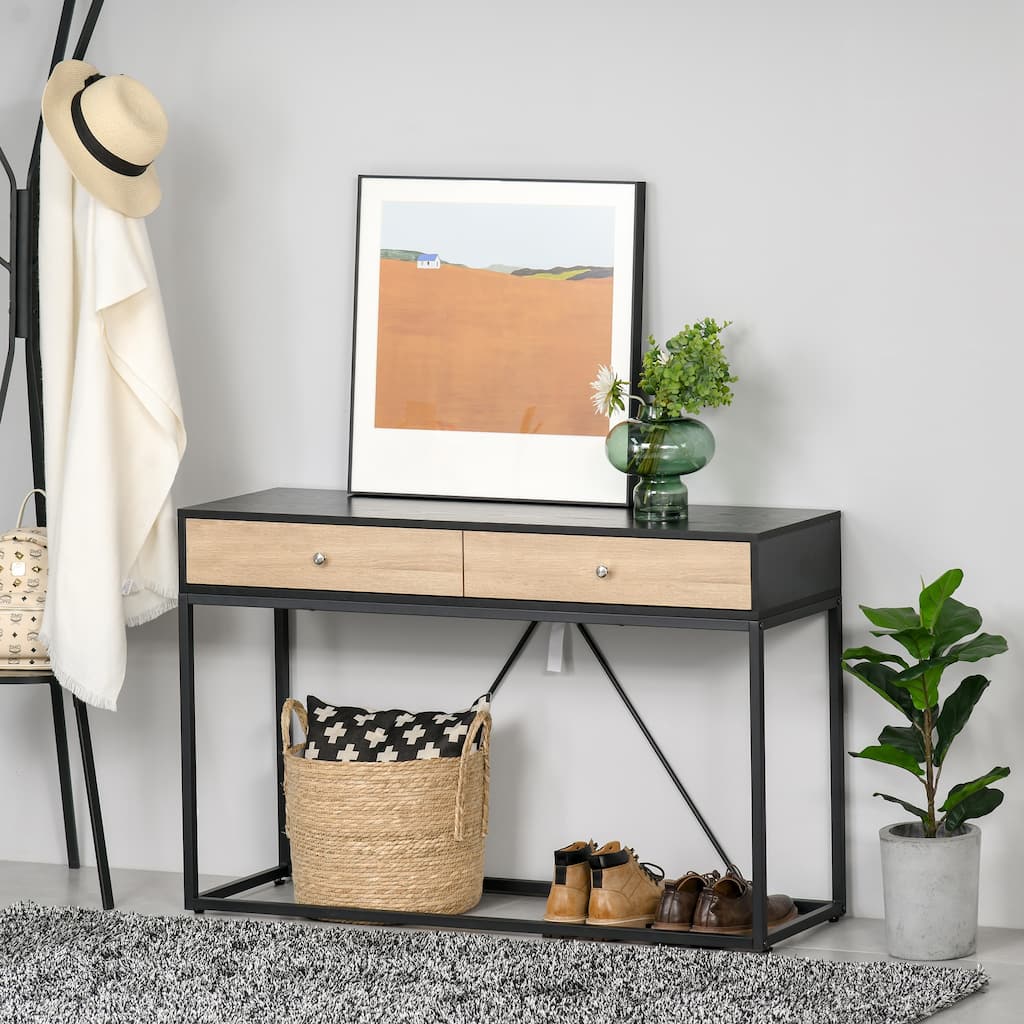 HOMCOM Console Sofa Table with 2 Drawers Narrow V Shape designed Entryway Table with Metal Frame for Hallway Living Room