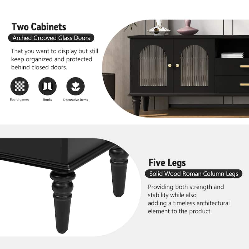 68.9" TV Stand for TVs up to 75 Inches, Entertainment Center Media Console with Fluted Glass Doors and Five Solid Wood Legs