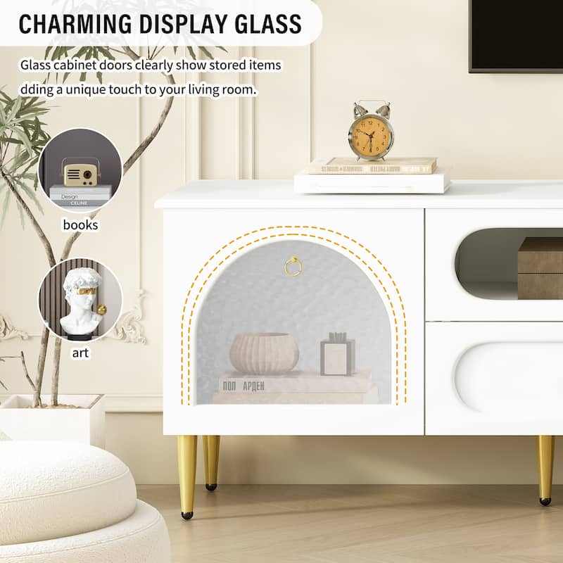 Arched Glass Doors TV Cabinet with Drawers & Wire Hole, Living Room TV Stand Media Console Cabinet for Up to 85" TVs