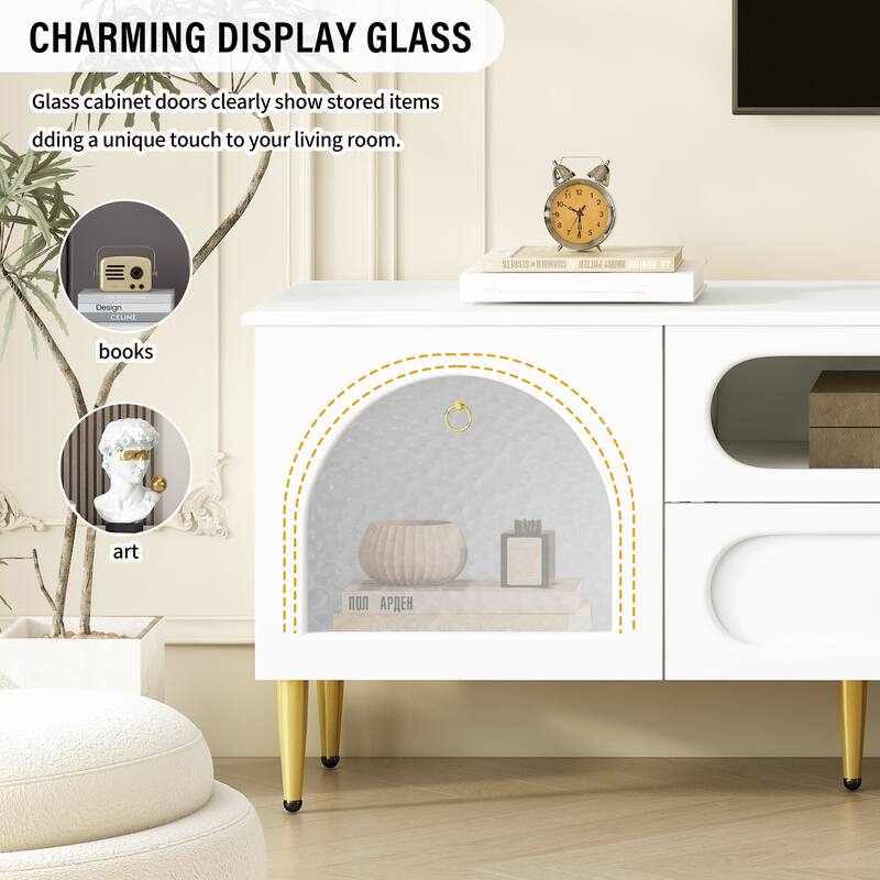 Retro-Style TV Stand, for TVs up to 85 Inches with 2 Cabinets, 4 Drawers and Anti-Tipping Device, for Living Rooms, White