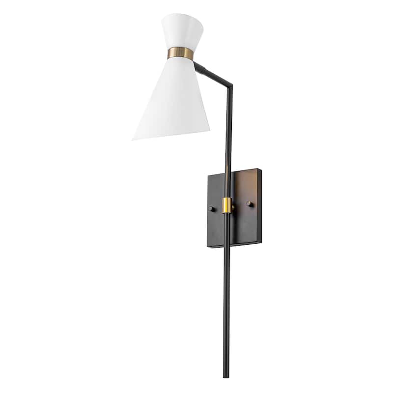 1-Light Black Indoor Wall Sconce with White Cone Metal Shade Modern - Black