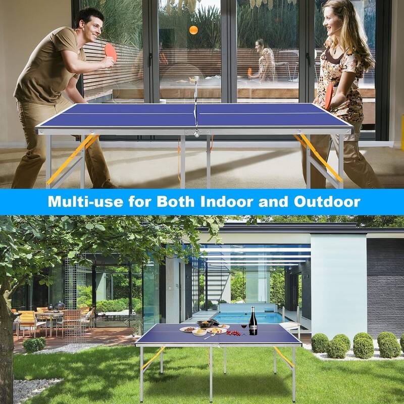 6x3ft Mid-Size Folding Ping Pong Table, Portable Indoor/Outdoor Table Tennis Set with Net, 2 Paddles & 3 Balls