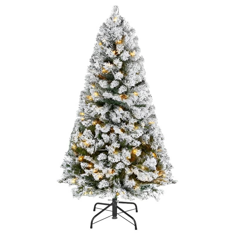 Green-White PVC and Iron 4x2.6 ft Snow-Flocked Christmas Tree with 120 LED Lights - 2.62 x 4 ft