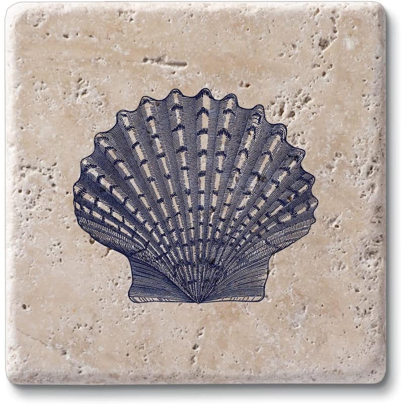 Scallop Shell 4 Pack Natural Travertine Absorbent Stone Coasters with Protective Cork Backing Manufactured in The USA - Multi
