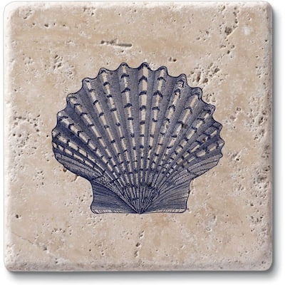 Scallop Shell 4 Pack Natural Travertine Absorbent Stone Coasters with Protective Cork Backing Manufactured in The USA