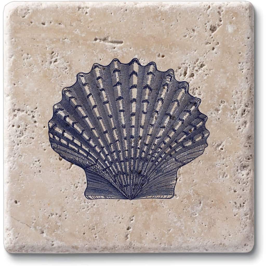 Scallop Shell 4 Pack Natural Travertine Absorbent Stone Coasters with Protective Cork Backing Manufactured in The USA