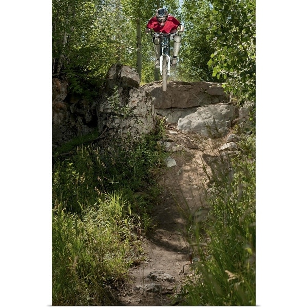 "Downhill biker riding off cliff" Poster Print