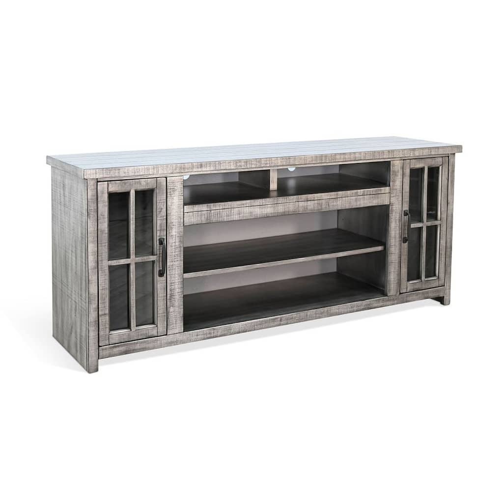 Leyla TV Stand Media Cabinet, 2 Glass Doors, Shelves, Gray Wood 76 Inch