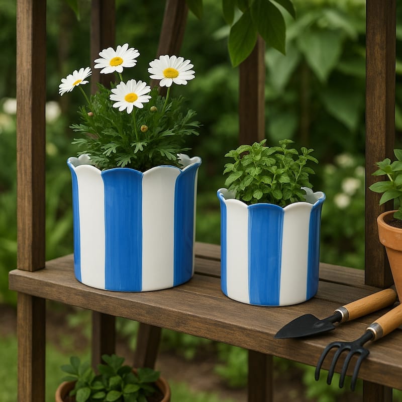 Ceramic Striped Flower Pots with Scalloped Edge - Set 2, 8", 6" - 8.0"