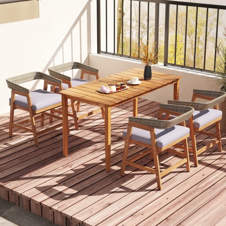 Mix Grey Rattan Wood 5 Piece Patio Dining Set with Cushions - Table: 54" x 28" x 29"