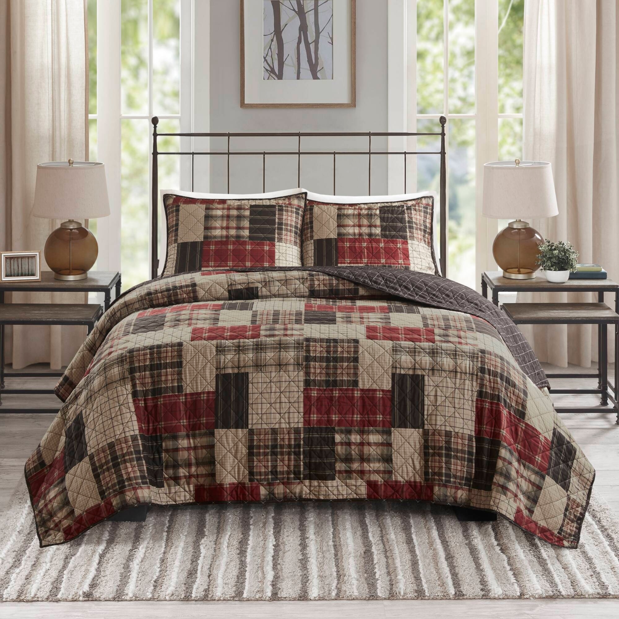 Madison Park Heavenly 3 Piece Reversible Printed Quilt Set Red Black Queen