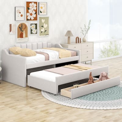 Twin Size Linen Upholstered Daybed with Pull-out Trundle Bed and Three Drawers, Storage Bed with Wood Slats Support for Bedroom
