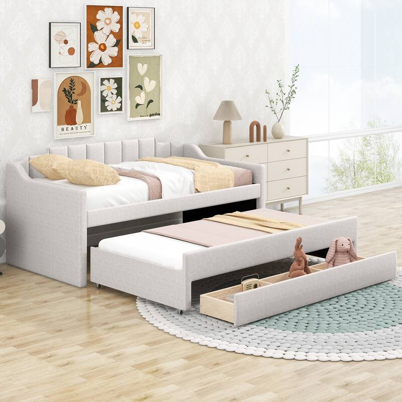 Twin Size Upholstered Daybed with Trundle, 3 Storage Drawers, for Bedroom & Guest Room