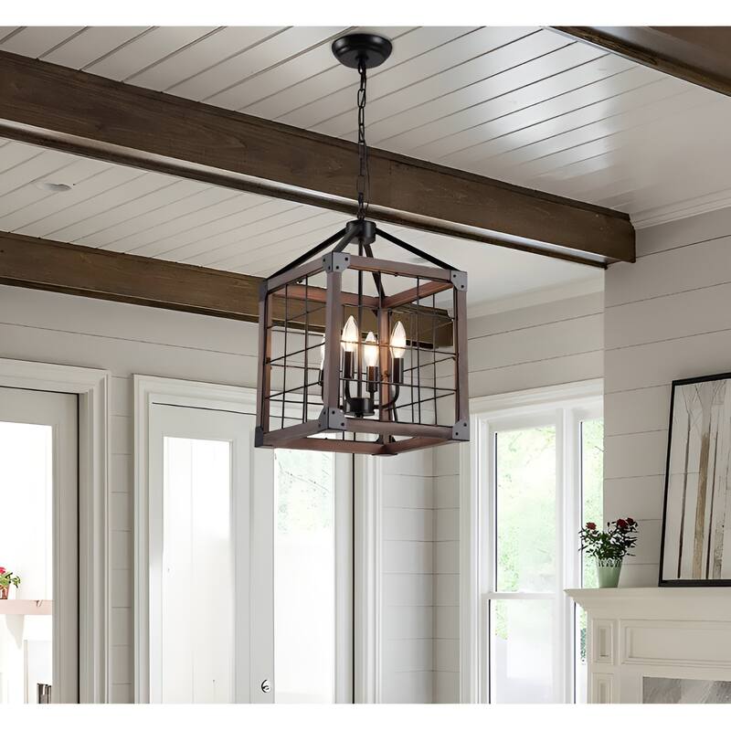 4 - Light Square/Rectangle Chandelier with Wood and Accents
