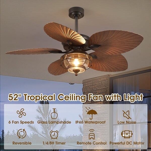 Kviflon 52 Inch Tropical Ceiling Fan with Light Palm Leaf Blades