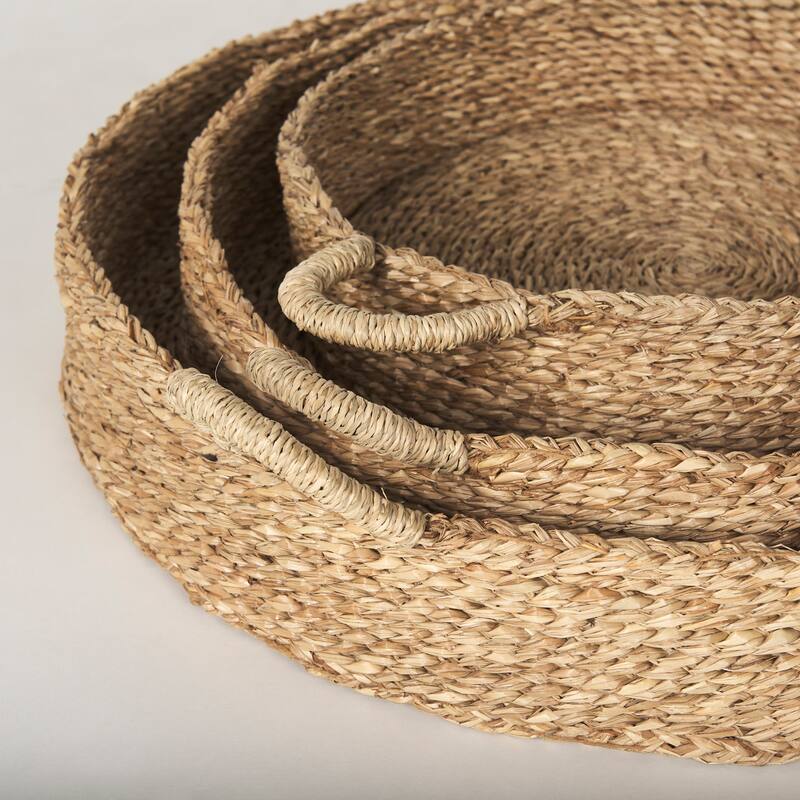 Ulana Brown Seagrass Round Nesting Trays With Handles (Set of 3) - 26.4L x 26.4W x 3.9H