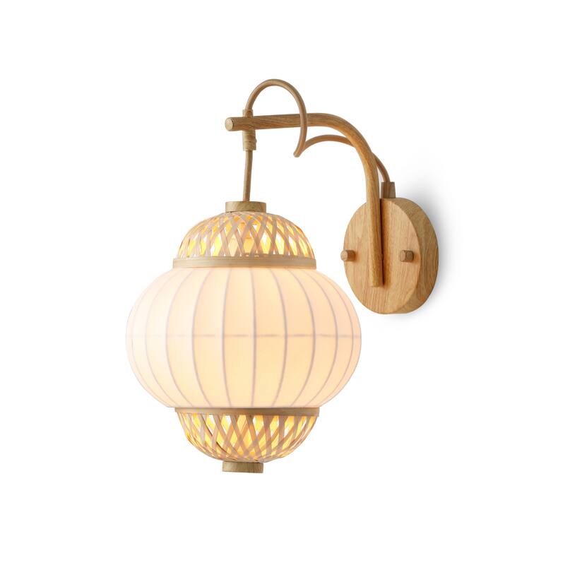 Hikari 1-Light Wood Grain and Natural Wall Sconce with Woven Bamboo Shade