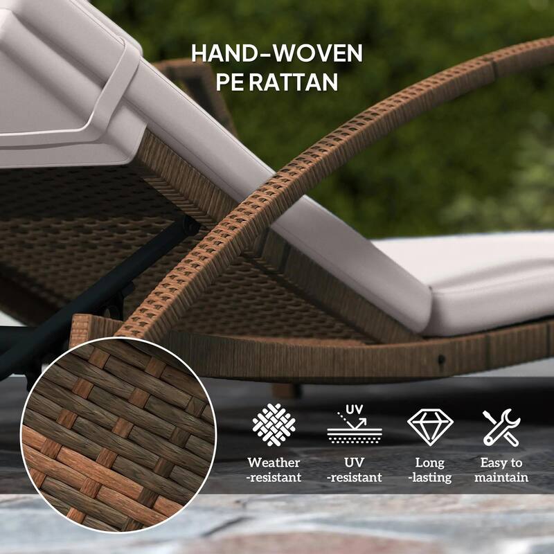 Wicker Chaise Lounge Set, Outdoor Recliners, Adjustable Back, Cushion