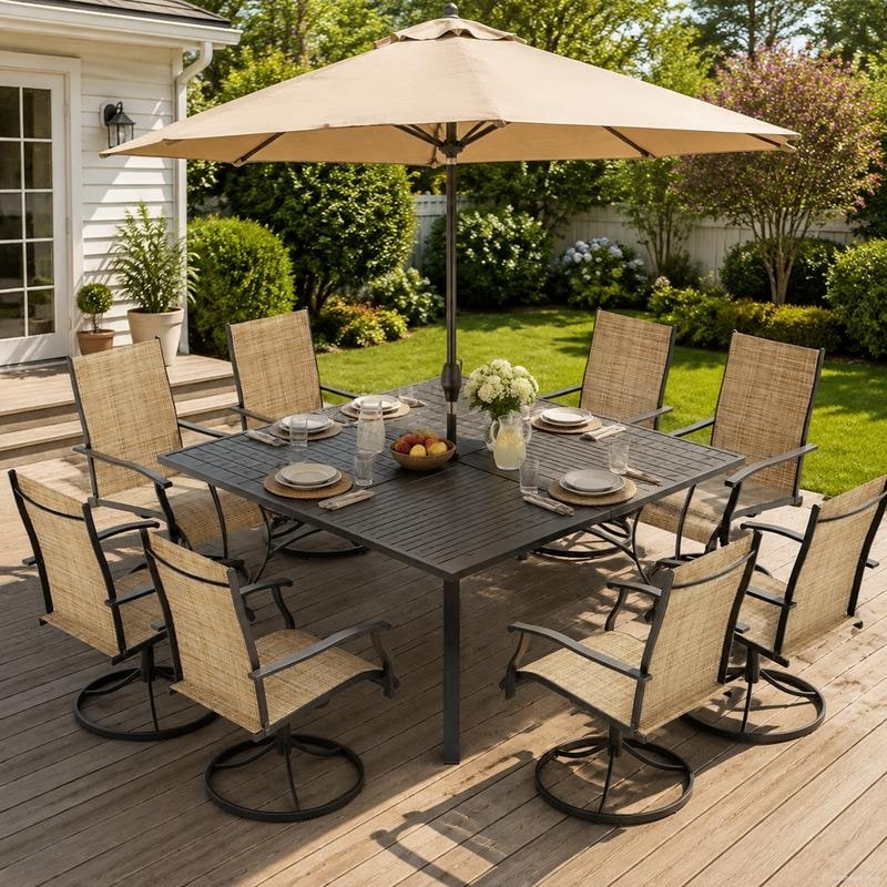 Patio Dining Set, Outdoor Dining Table and Chairs Set with Textilene Chairs, Adjustable Umbrella Hole for Garden, Backyard