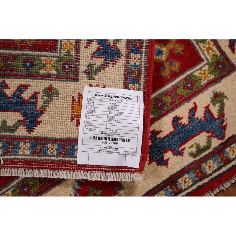 Red Kazak Accent Rug Handmade Oriental Wool Carpet - 2'10" x 4'0"