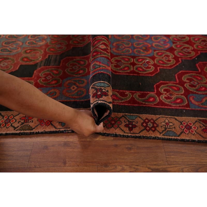 Black & Red Hamedan Persian Vintage Runner Rug Handmade Wool Carpet - 3'9" x 9'4"