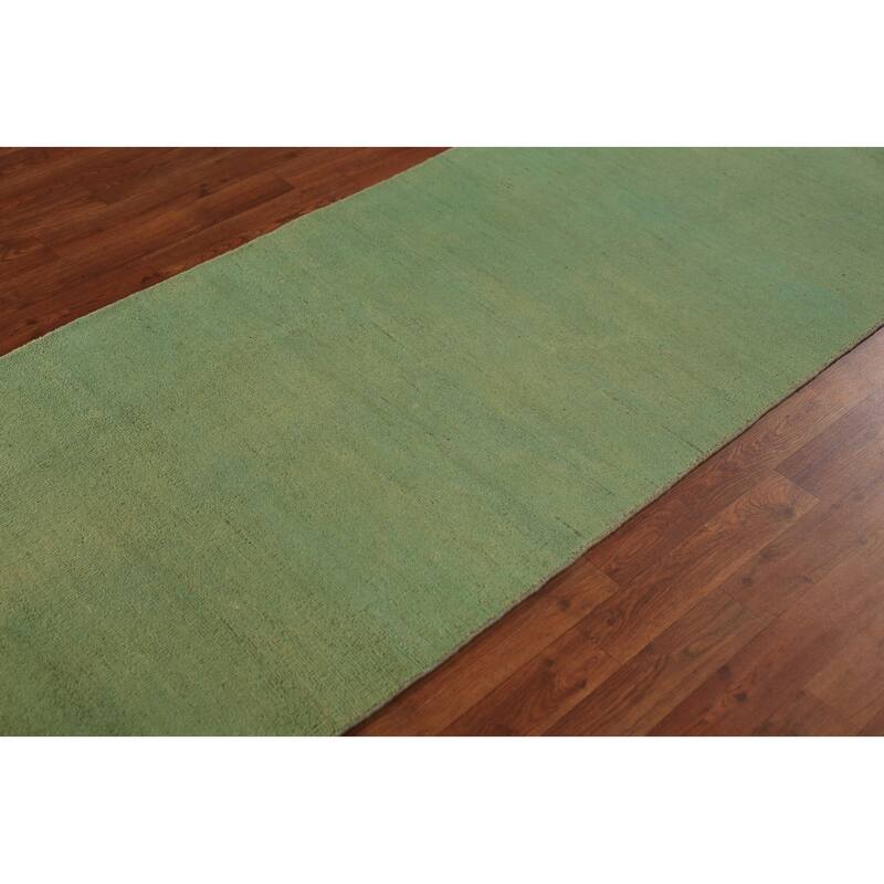 Green Modern Gabbeh Runner Rug Hand-Knotted Wool Carpet - 2'11" x 9'6"