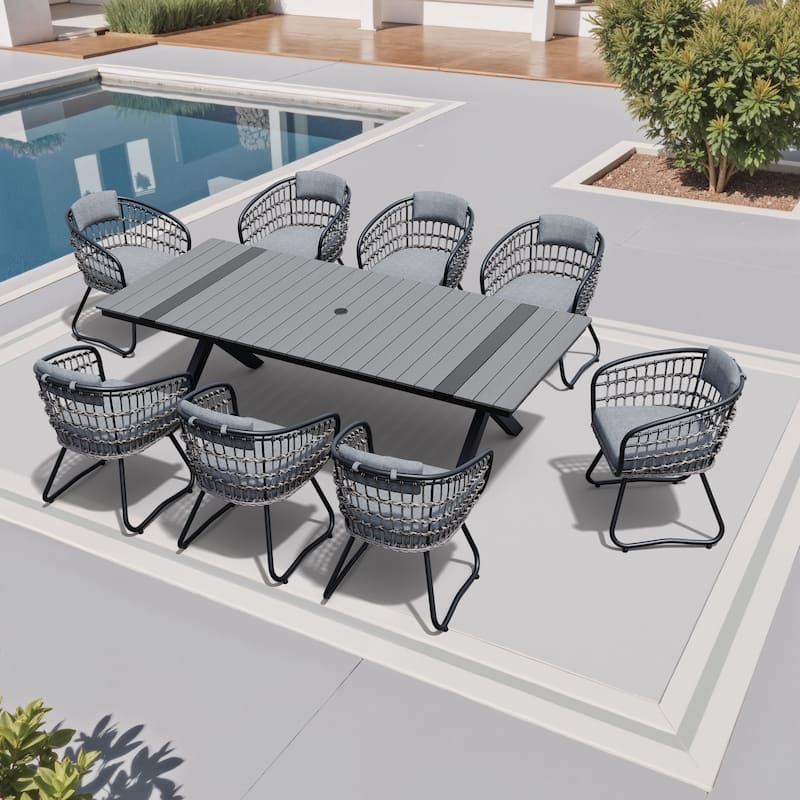 9-Piece Set Outdoor Aluminum Dining Table with Cushioned PE Rattan Chairs - Grey table with grey cushion chair